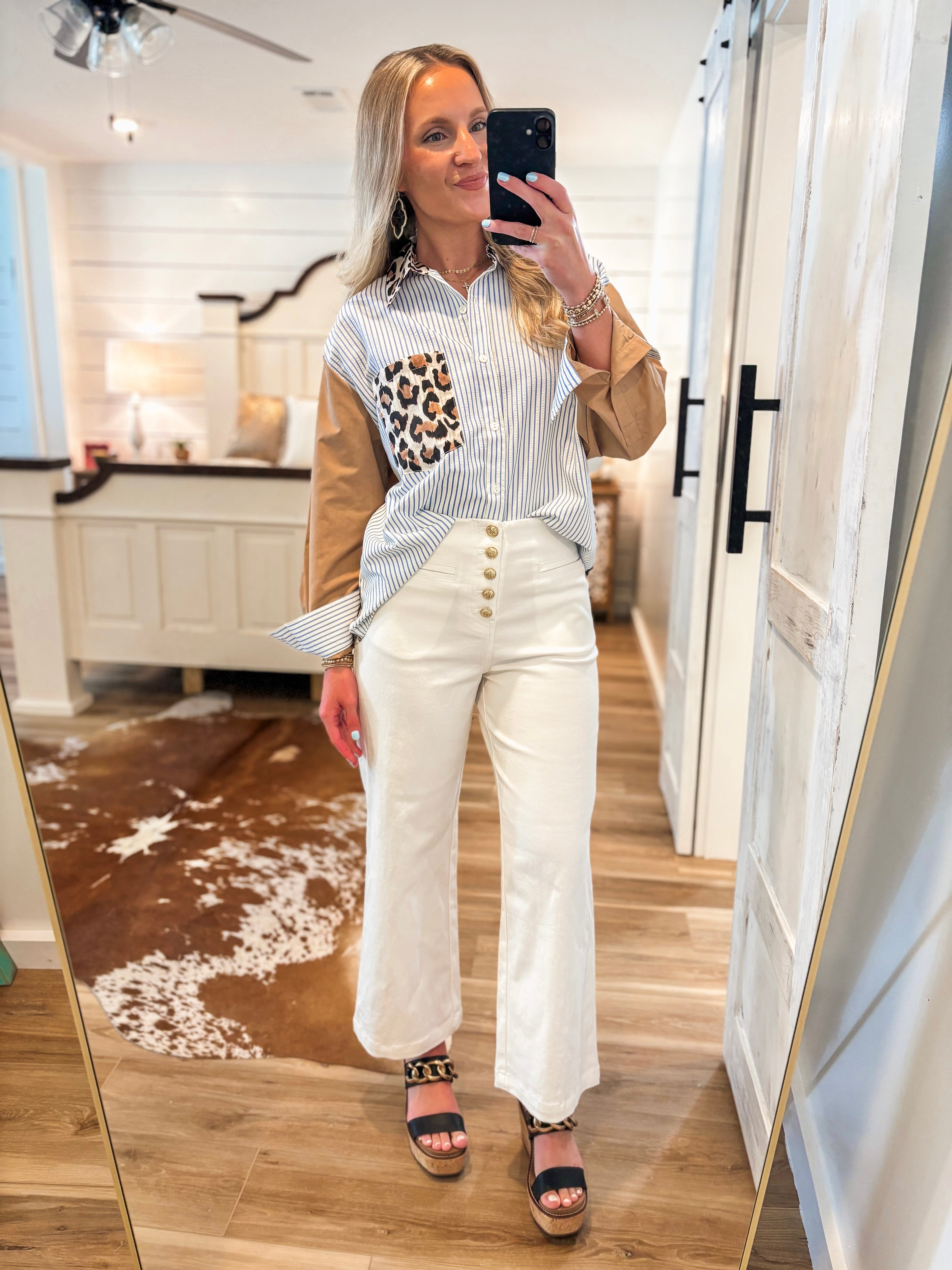 Wild About You Leopard & Stripe Button Down Blouse