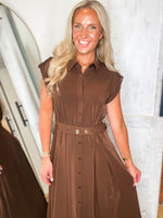 Load image into Gallery viewer, On The Move Brown Belted Midi Dress
