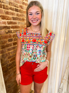 Another Thought Embroidered Aztec Printed Blouse