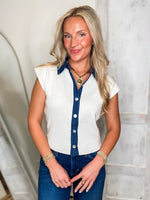 Load image into Gallery viewer, Be So Sweet White/Denim Contrast Knit Blouse
