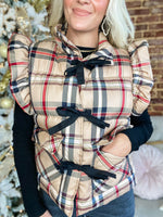 Load image into Gallery viewer, Cheerful Season Taupe &amp; Black Plaid Puffer Vest
