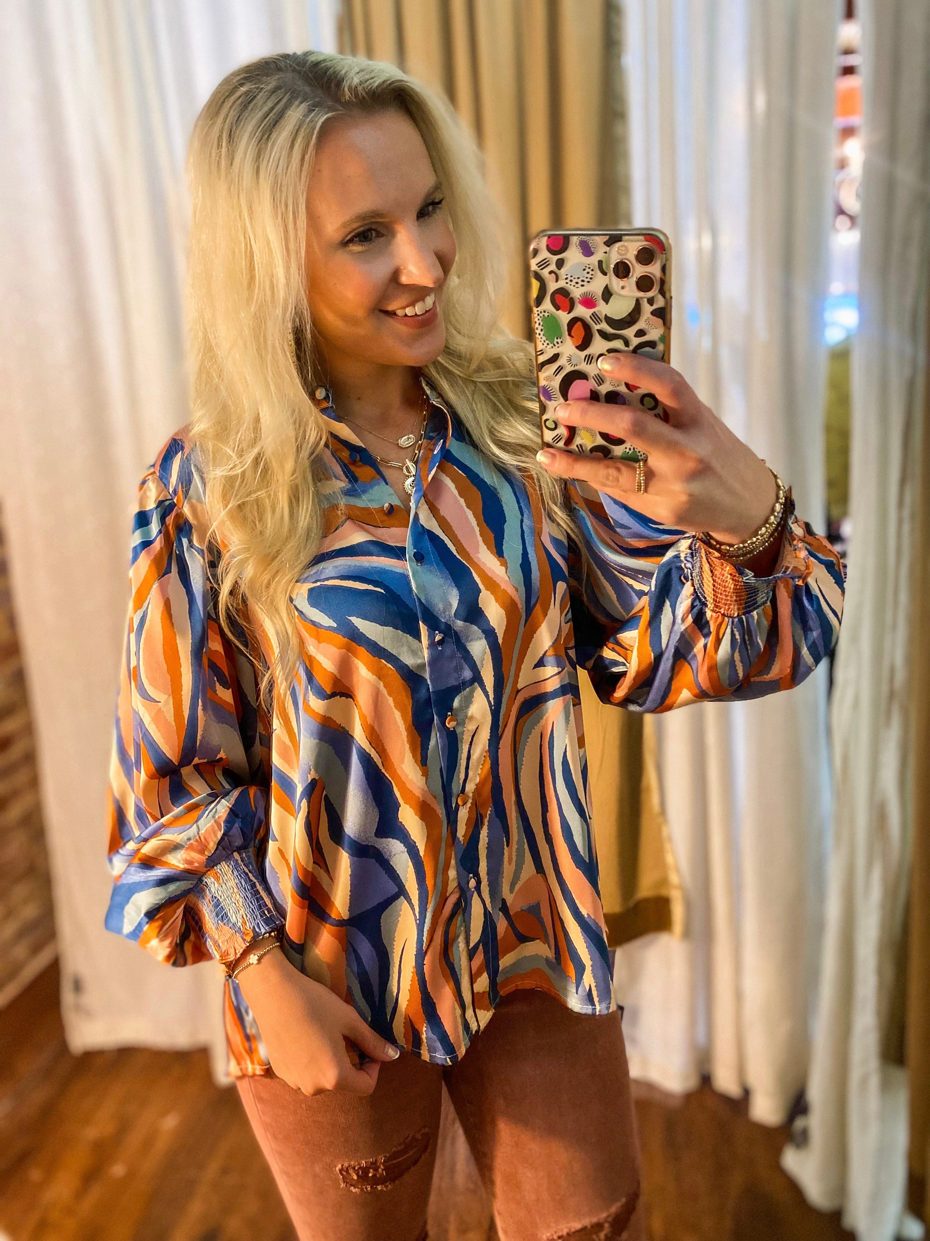 At The Moment Blue & Rust Tiger Print Button Down Blouse