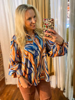 Load image into Gallery viewer, At The Moment Blue &amp; Rust Tiger Print Button Down Blouse
