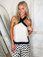 Load image into Gallery viewer, Night Out Black &amp; Taupe Linen Halter Blouse
