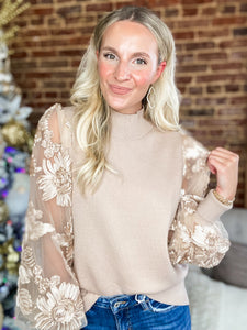 Never Too Soon Floral Sleeve Taupe Sweater