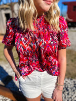 Load image into Gallery viewer, Lead Here Fuchsia Printed Short Sleeve Satin Blouse

