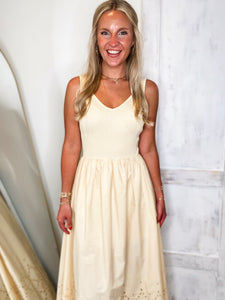 Sentimental Feeling Butter Yellow Eyelet Midi Dress