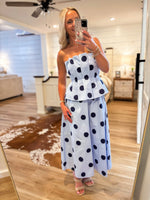 Load image into Gallery viewer, Seat Taken Blue Polka Dot Strapless Midi Dress
