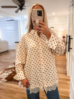 Load image into Gallery viewer, Ivory/Brown Polka Dot Button Down Blouse
