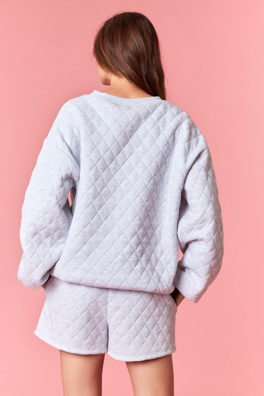 Bow Embroidered Gray Quilted Sweatshirt & Shorts Set