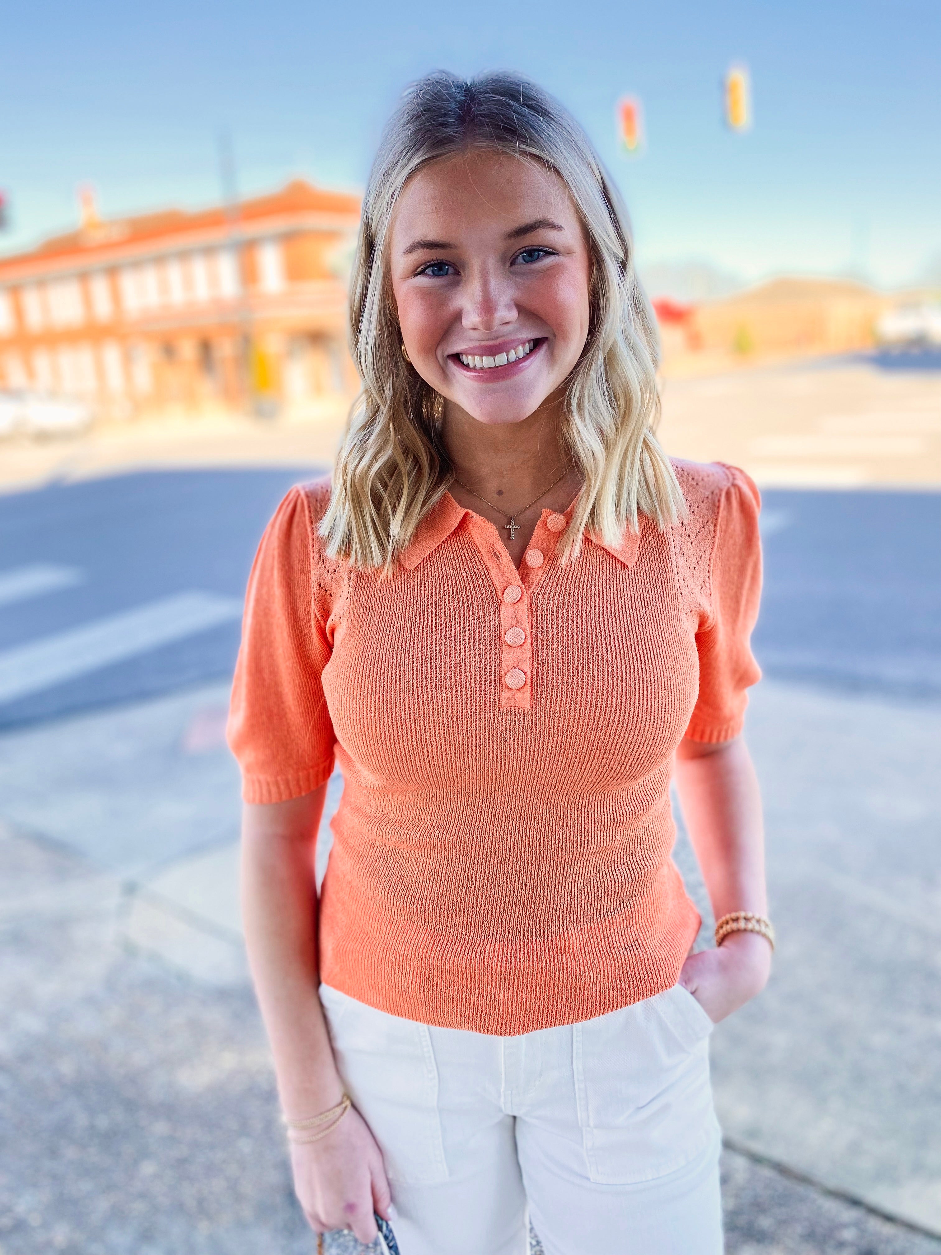 Simply Yours Tangerine Collared Knit Short Sleeve Sweater