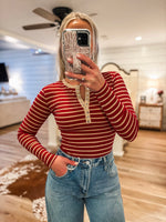 Load image into Gallery viewer, Stay True Burgundy &amp; Taupe Stripe Henley Top
