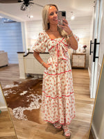 Load image into Gallery viewer, Waiting Here Coral Floral Bow Midi Dress
