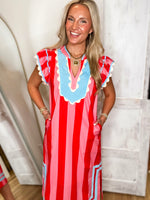 Load image into Gallery viewer, See It Now Red Stipe Contrast THML Midi Dress
