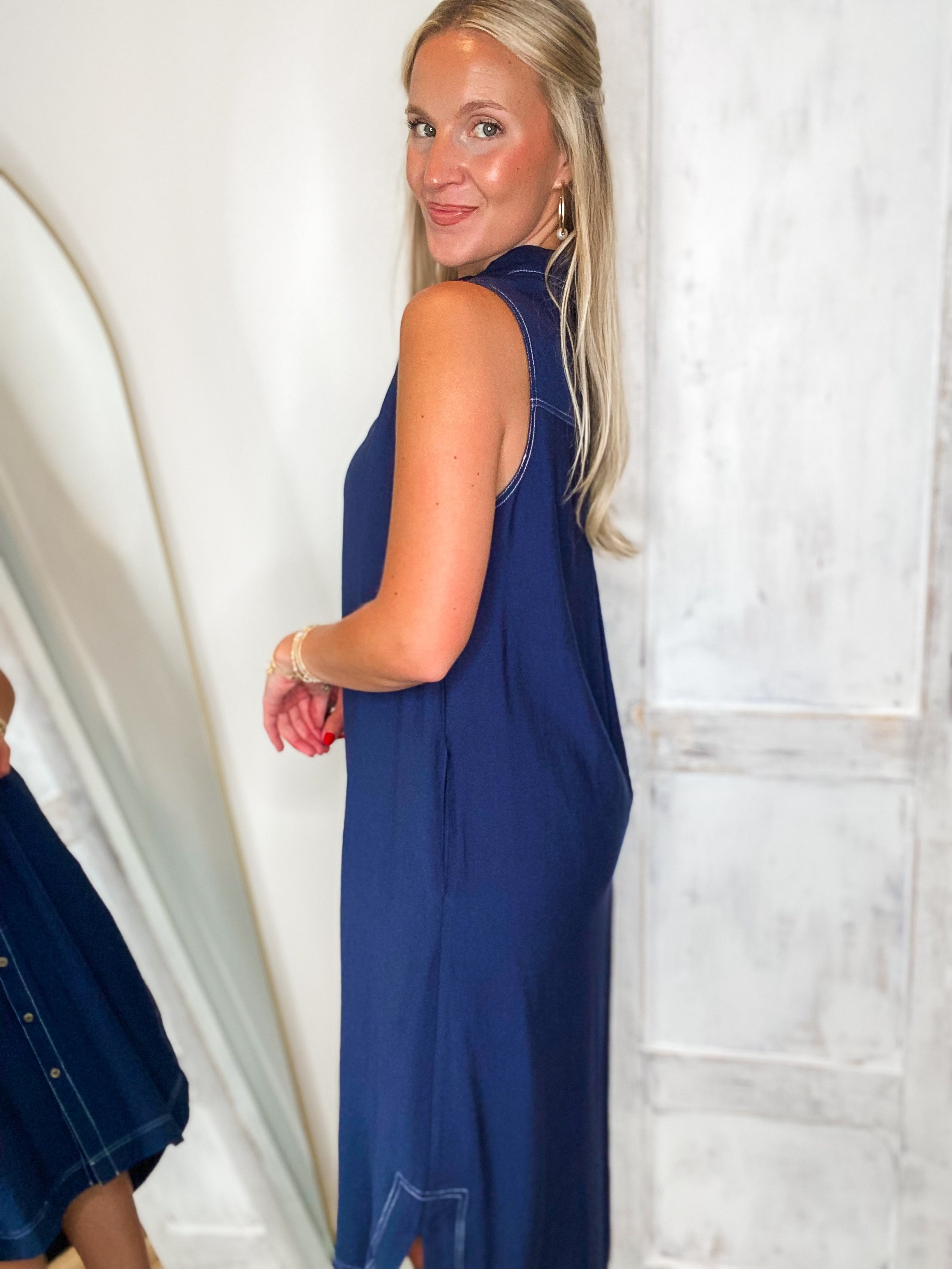Left To Chance Navy Button Down Midi Dress