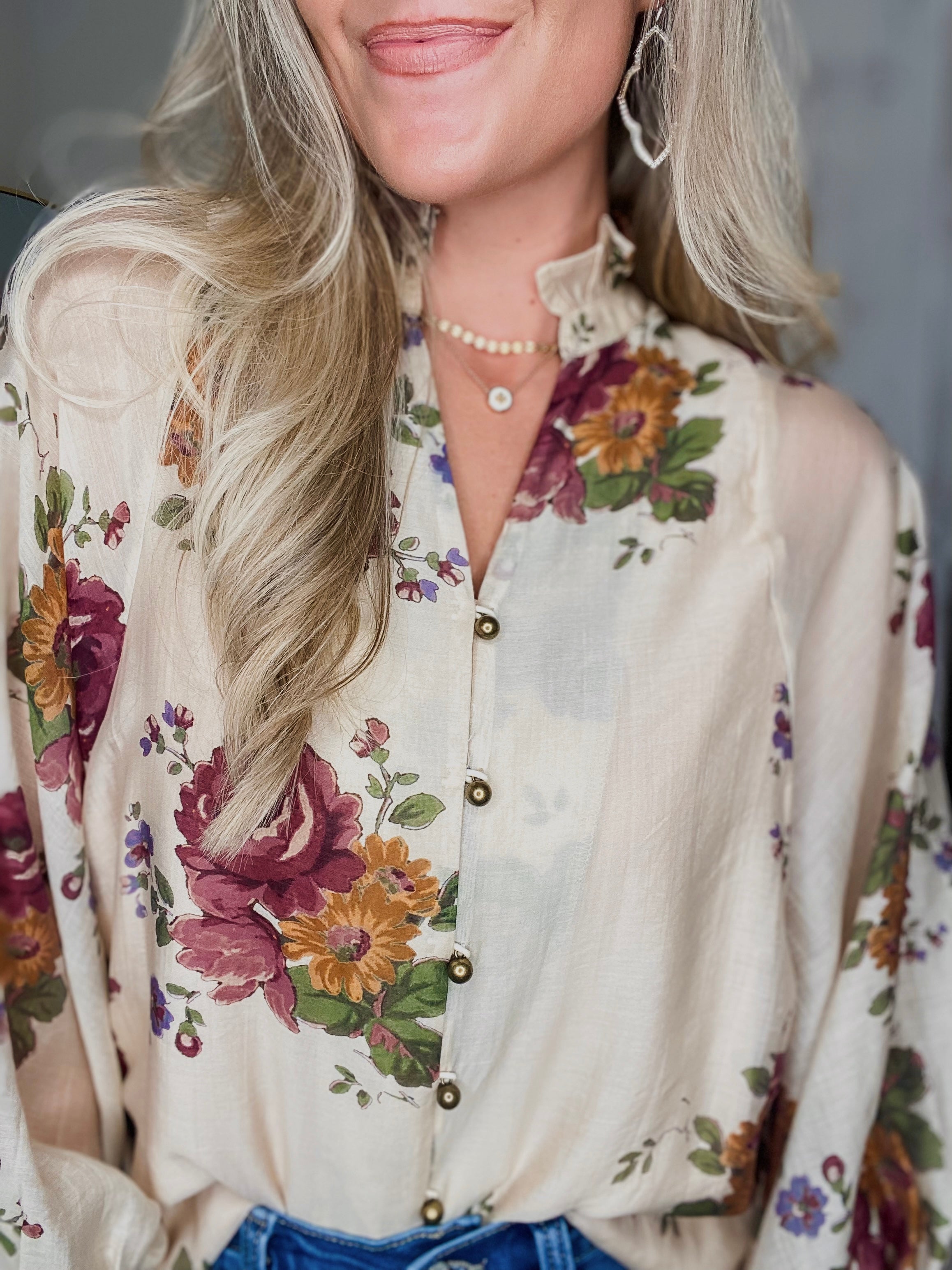 Here Now Ecru Floral Button Up Blouse