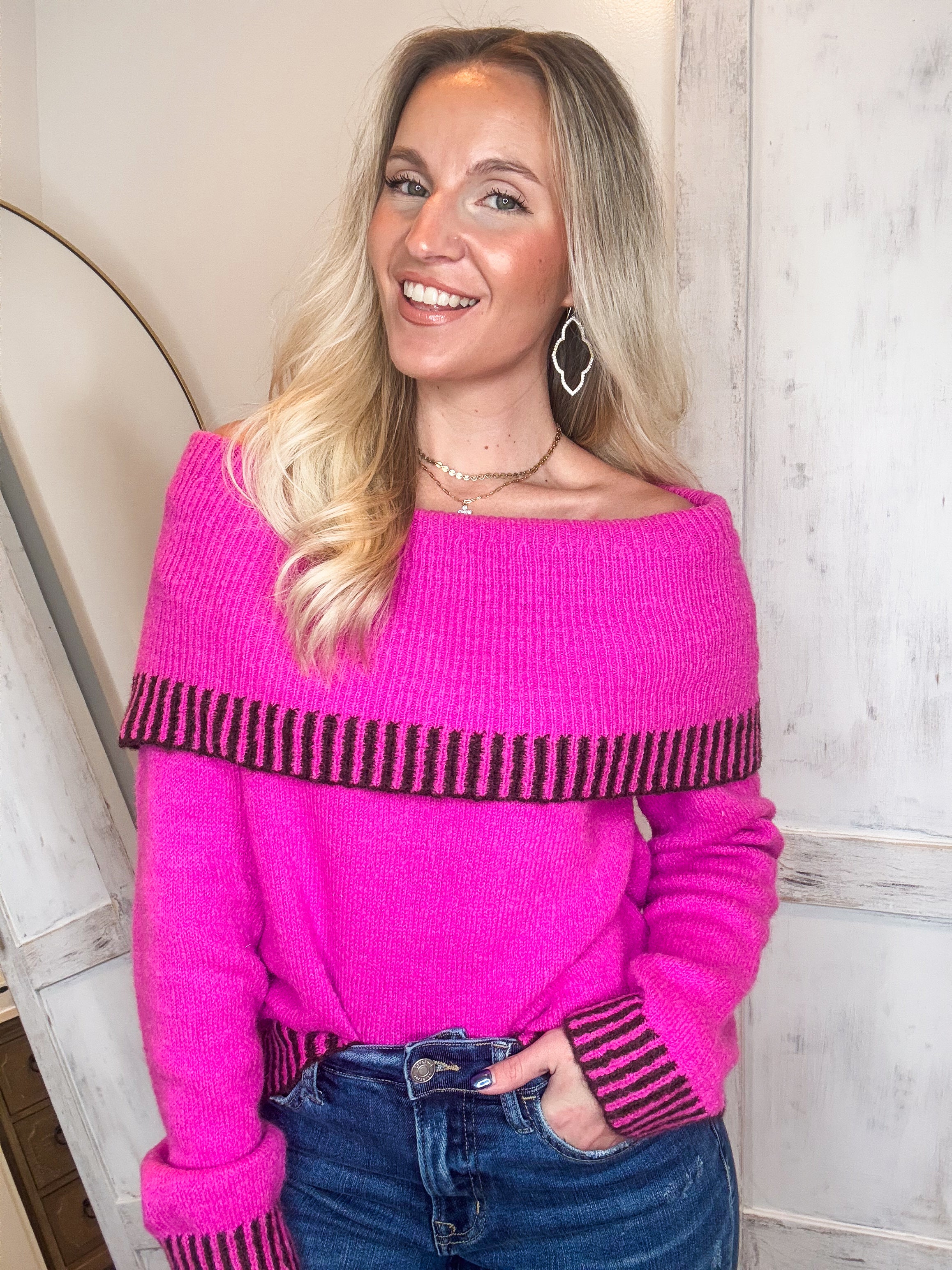 Faith In You Magenta Contrast Cold Shoulder Sweater