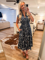 Load image into Gallery viewer, Here For This Navy Floral Front Zip Midi Dress
