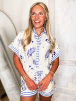 Load image into Gallery viewer, Venturing Out Royal Blue Printed S/S Button Up &amp; Shorts Set
