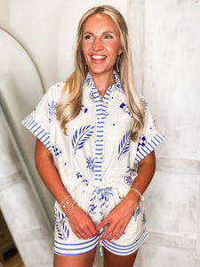 Venturing Out Royal Blue Printed S/S Button Up & Shorts Set