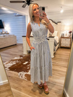 Load image into Gallery viewer, Day Outing Cream/Blue Stripe Midi Dress
