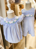 Load image into Gallery viewer, Baby Girl Blue Seersucker Bunny Smocked Flutter Romper
