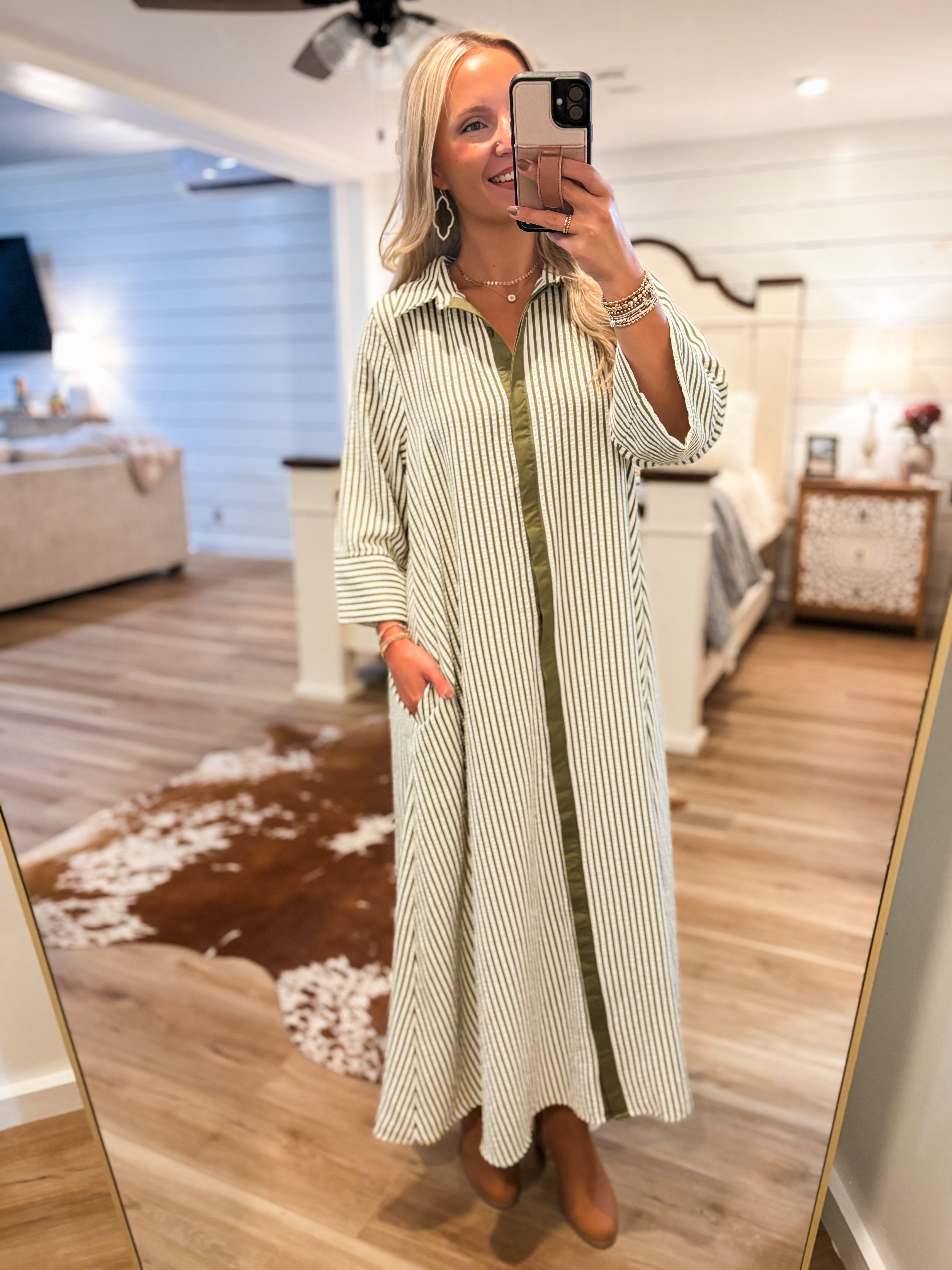 Long Distance Olive Stripe Maxi Dress