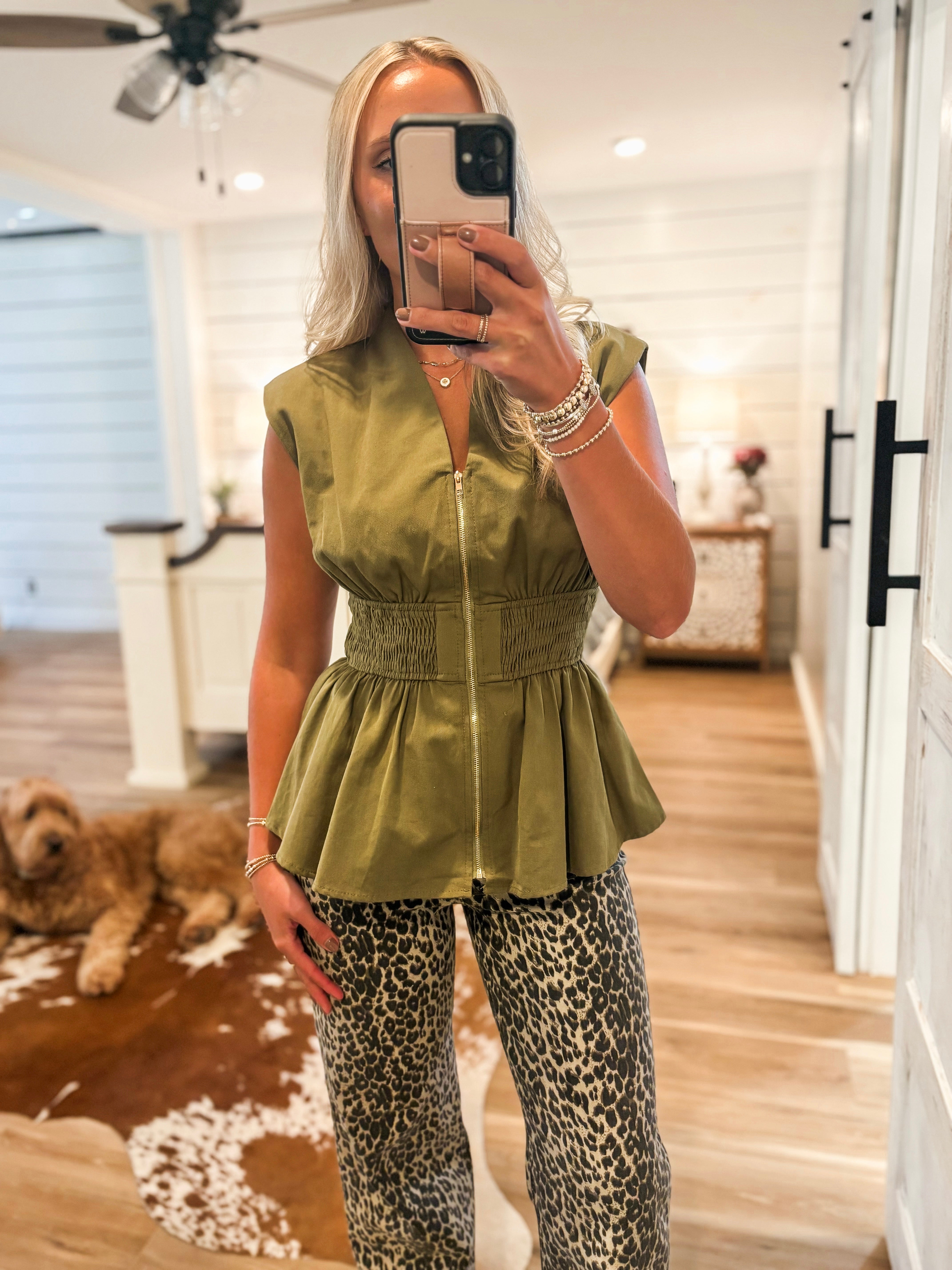 Same View Olive Zip Peplum Blouse