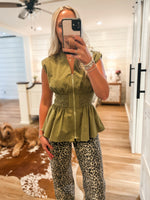 Load image into Gallery viewer, Same View Olive Zip Peplum Blouse
