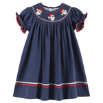 Load image into Gallery viewer, Navy Blue Santa Smocked Bishop Dress
