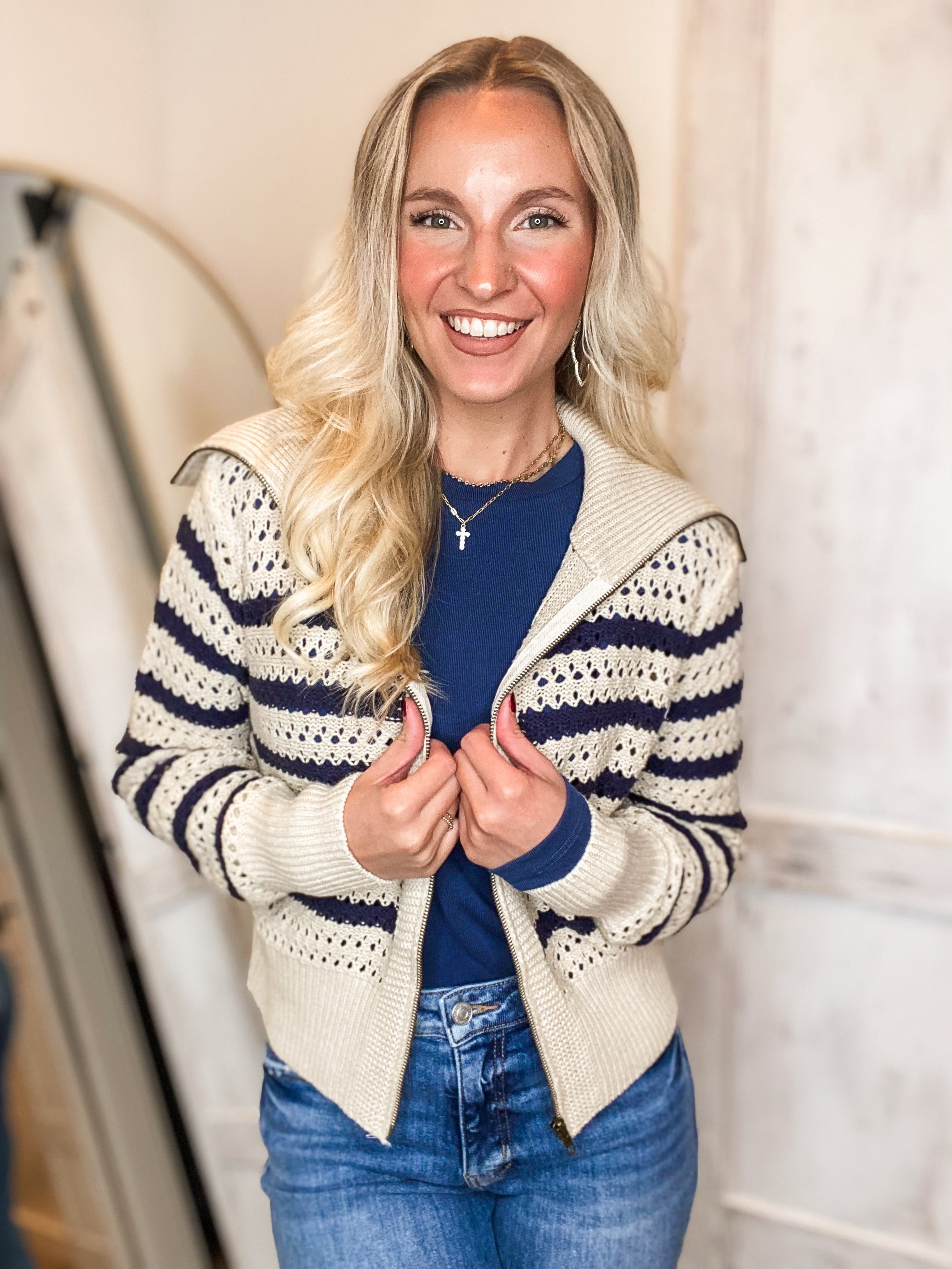 Bring It Oat & Navy Stripe Knit Jacket