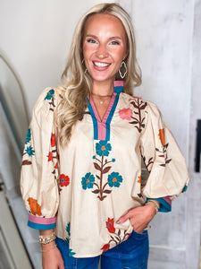 Take Time Ecru Multi Floral Blouse