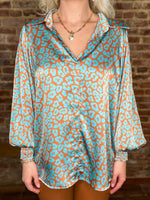 Load image into Gallery viewer, Tell Them All Rust &amp; Aqua Leopard Satin Blouse
