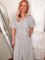 Load image into Gallery viewer, Taking Risks Black &amp; White Striped Midi Dress

