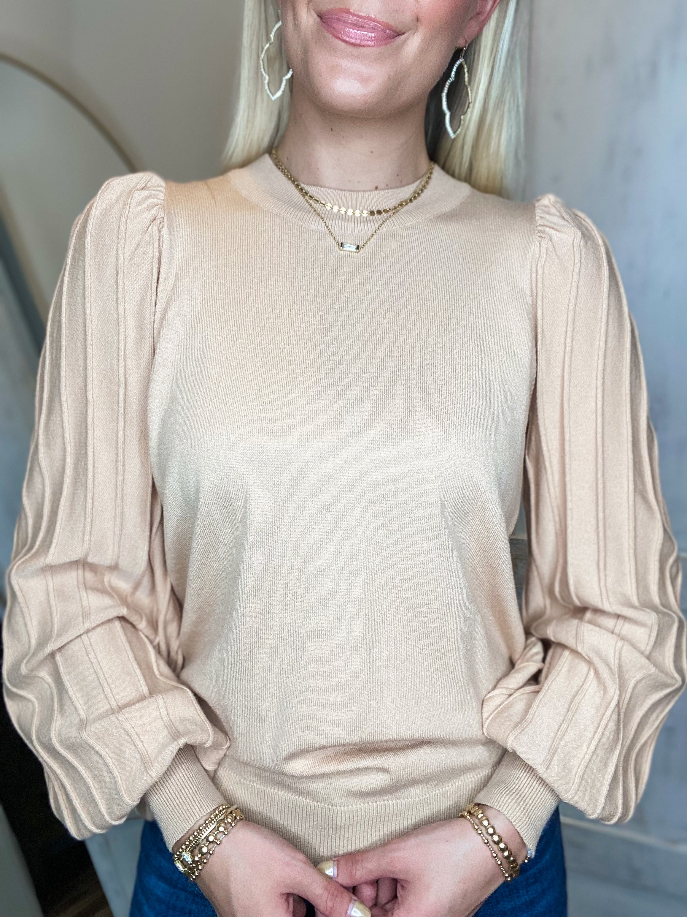 Minimal Effort Taupe Pleated L/S Blouse