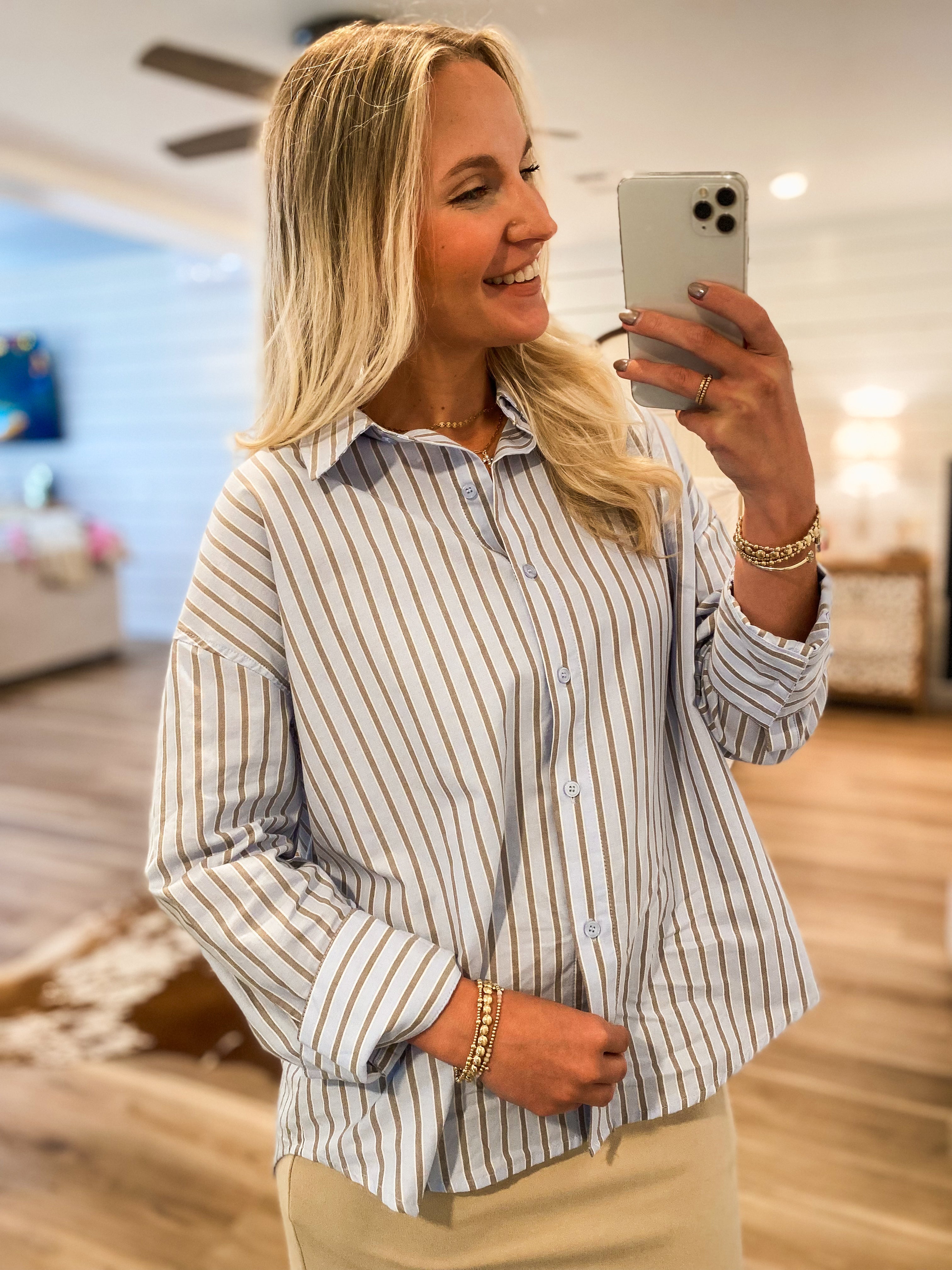 Considering You Baby Blue Striped Button Down Blouse