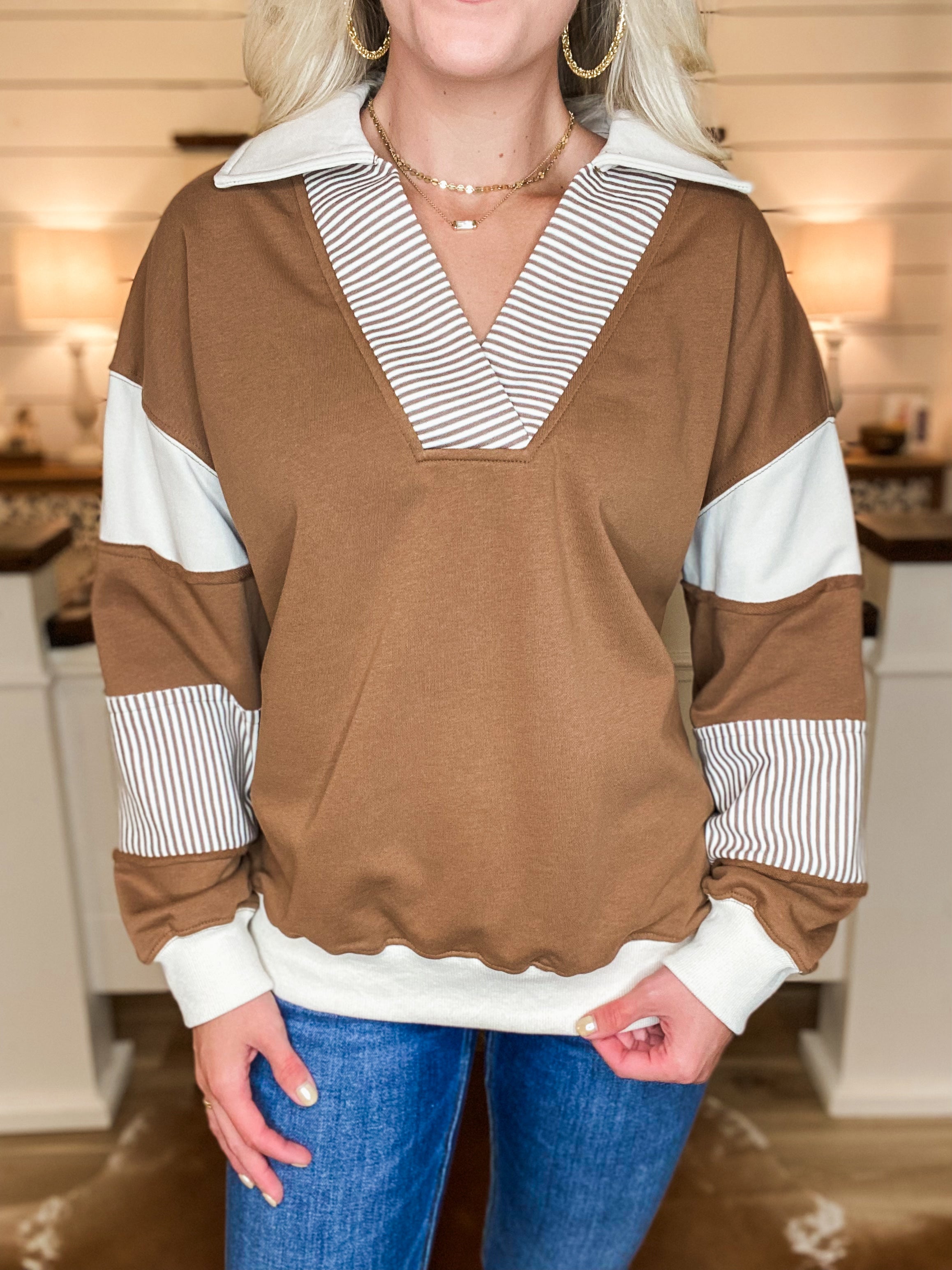 Time To Chill Mocha Color Block French Terry Pullover