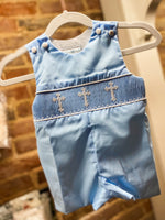 Load image into Gallery viewer, Baby Boy Blue Smocked Cross Jon Jon
