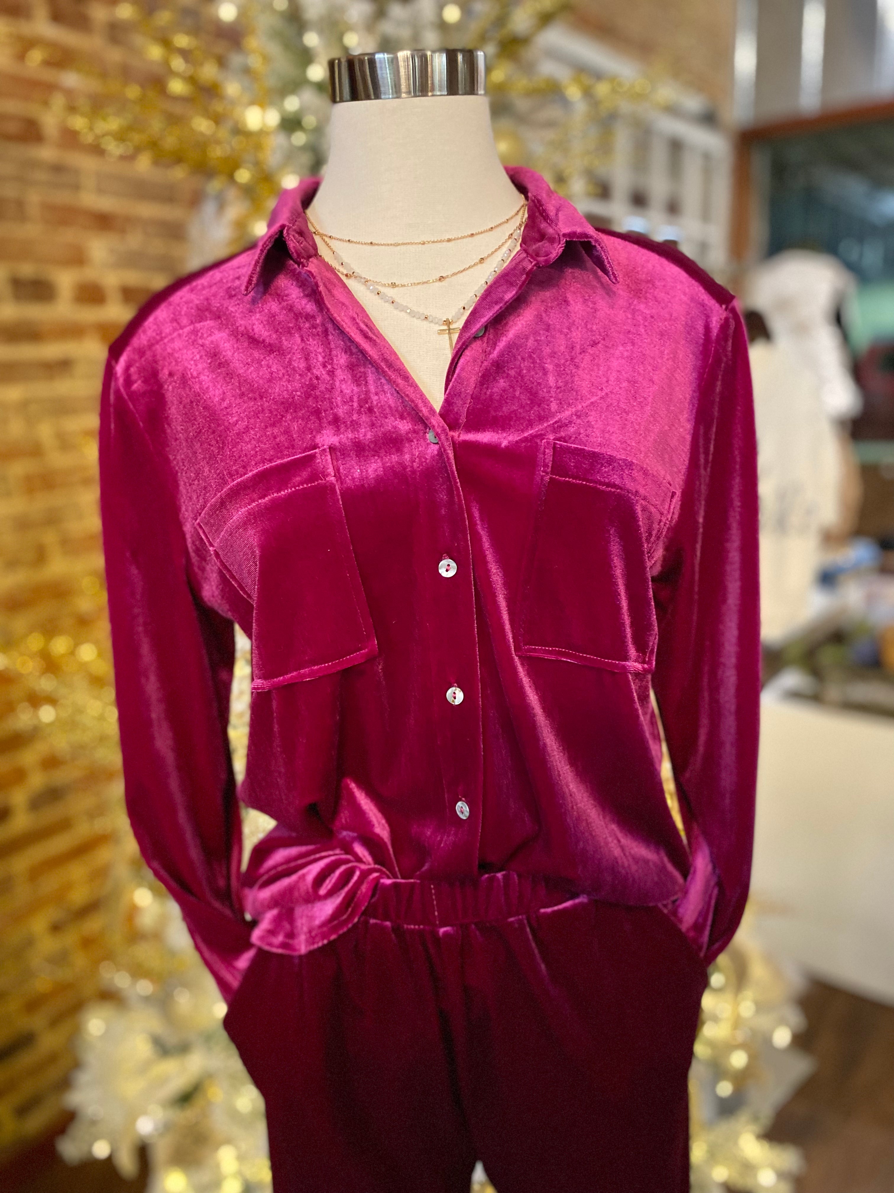 Sometime Or Another Magenta Velvet Button Down Blouse & Pant Set