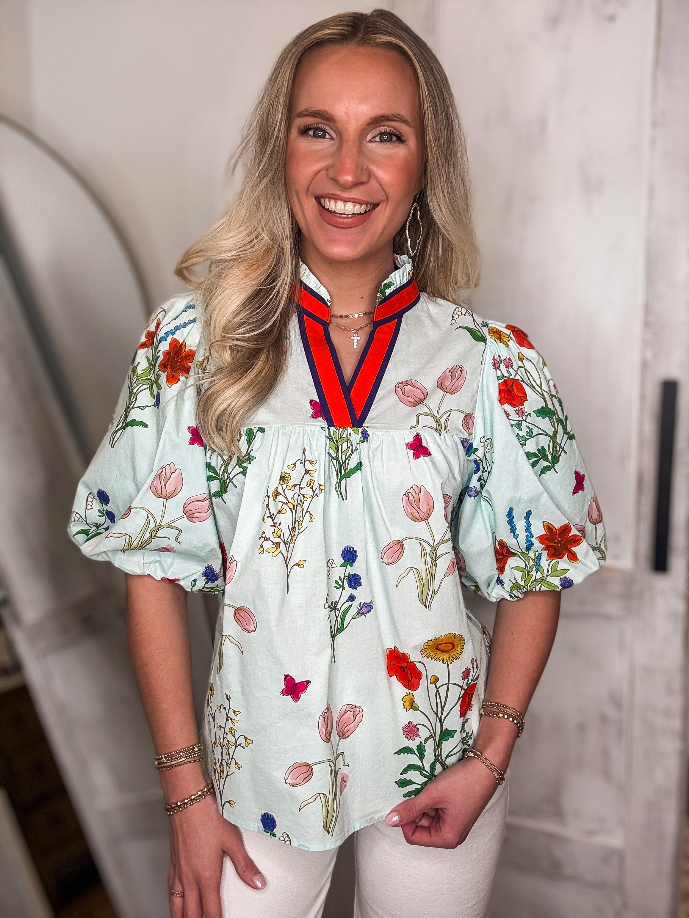Letting Go Light Blue Floral THML Blouse