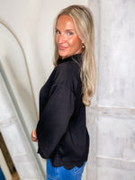 Load image into Gallery viewer, Everyone&#39;s Choice Black Scalloped Blouse
