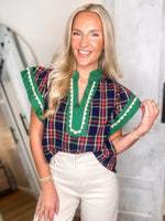 Load image into Gallery viewer, Holiday Dream Navy Plaid Contrast Blouse
