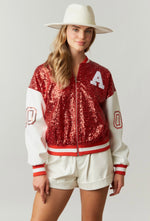 Load image into Gallery viewer, Quarterback Girl Red Sequin Letterman Jacket
