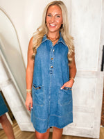 Load image into Gallery viewer, Settling Up Denim Shift Dress
