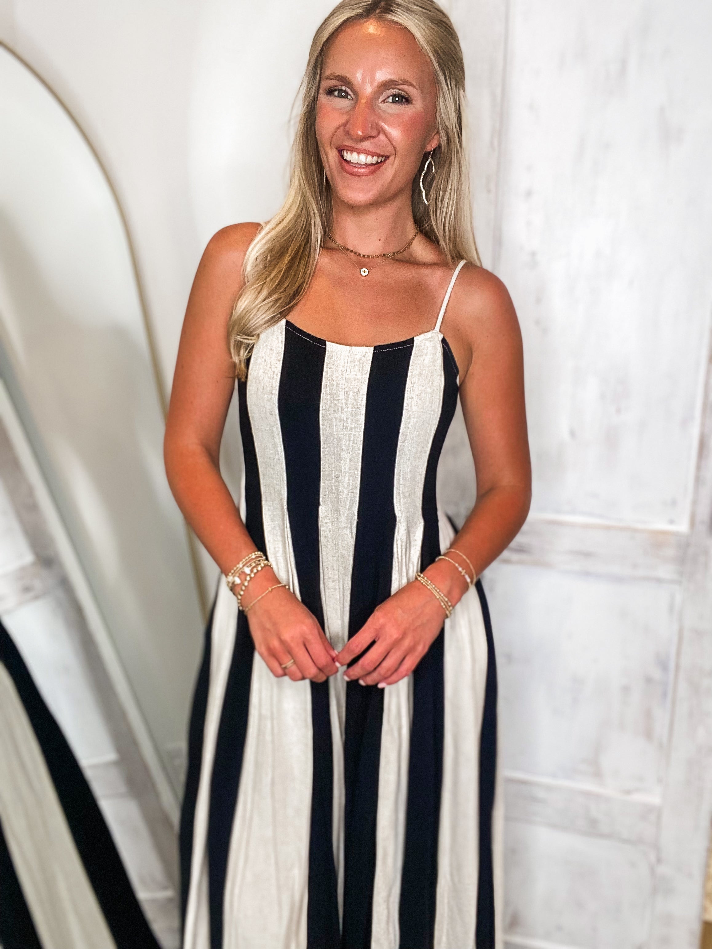 Time To Go Ivory & Black Stripe Linen Jumpsuit
