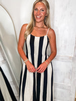 Load image into Gallery viewer, Time To Go Ivory &amp; Black Stripe Linen Jumpsuit
