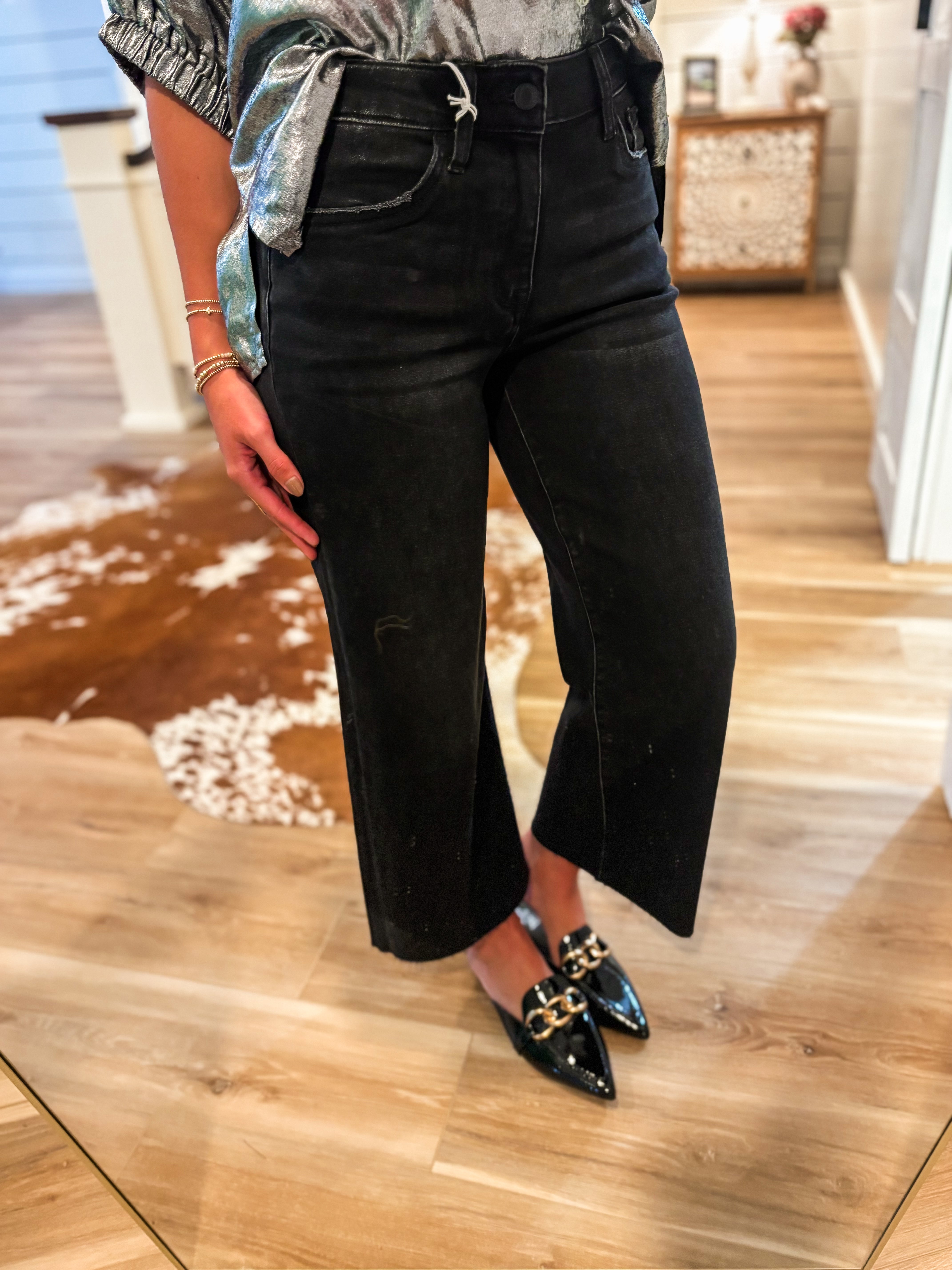 High Rise Super Soft Slim Wide Black Vervet Denim