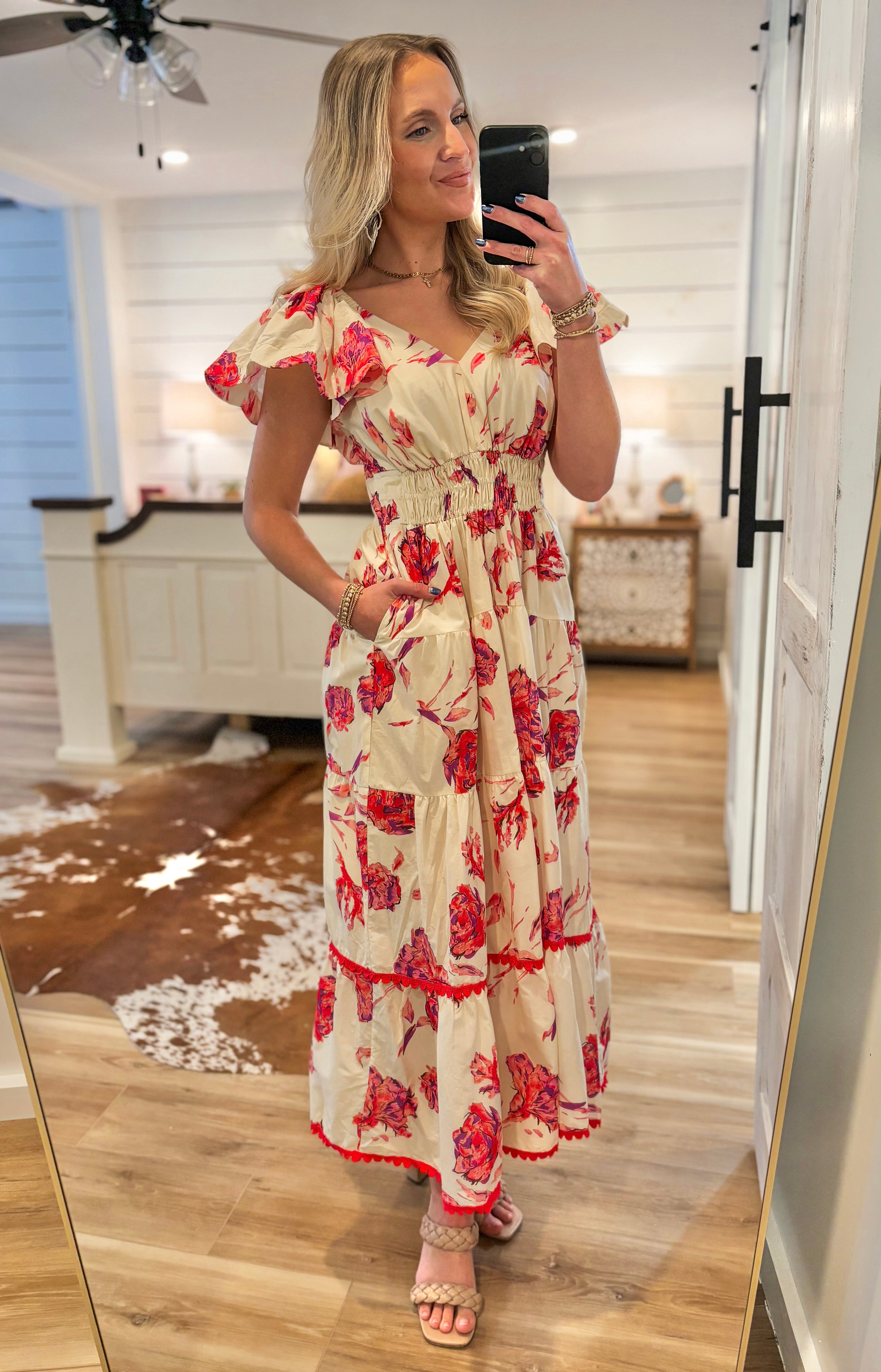 At The Right Time Ivory Floral Midi Dress