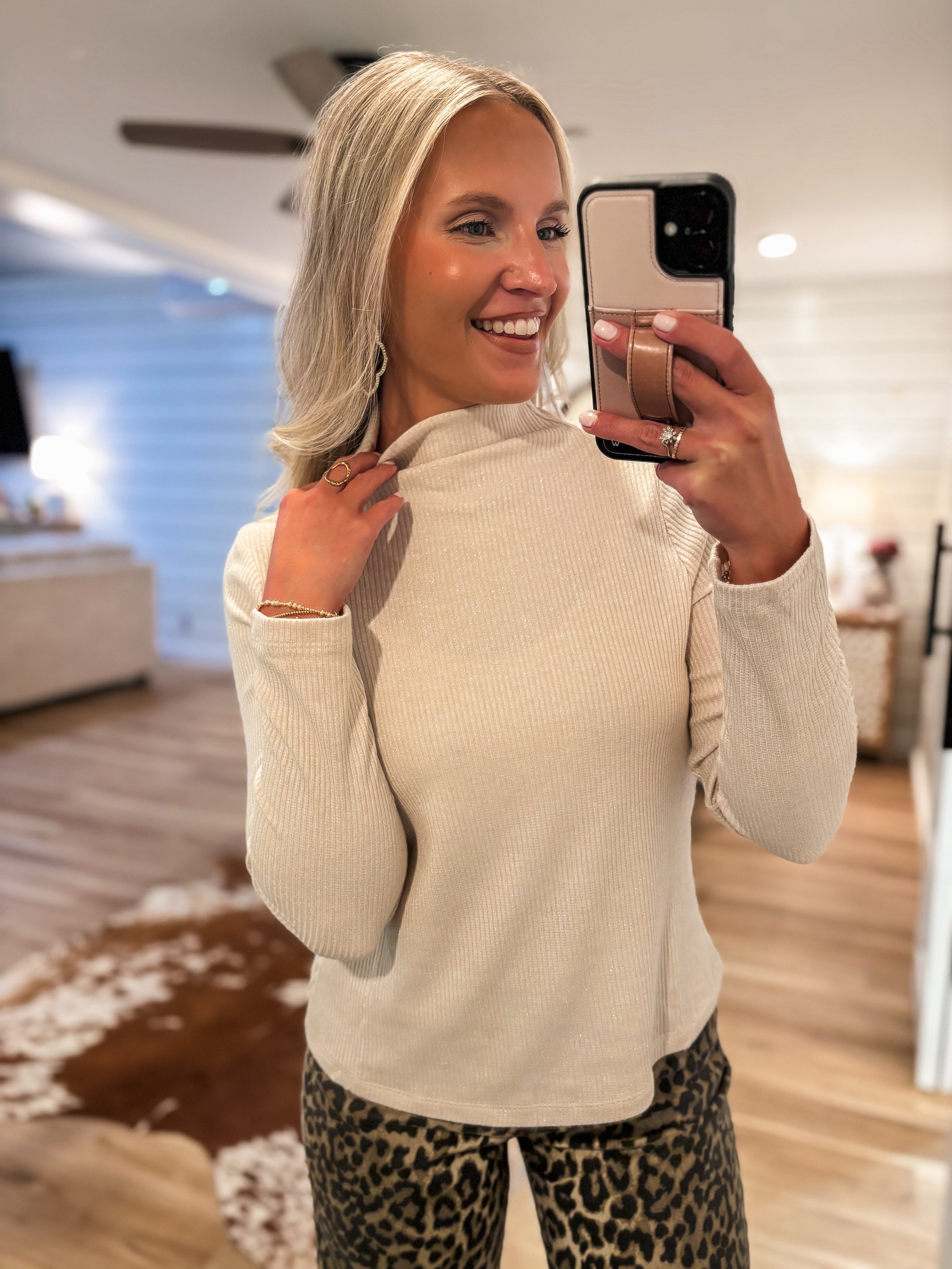 Let It Go Pearl Shimmer Mock Neck L/S