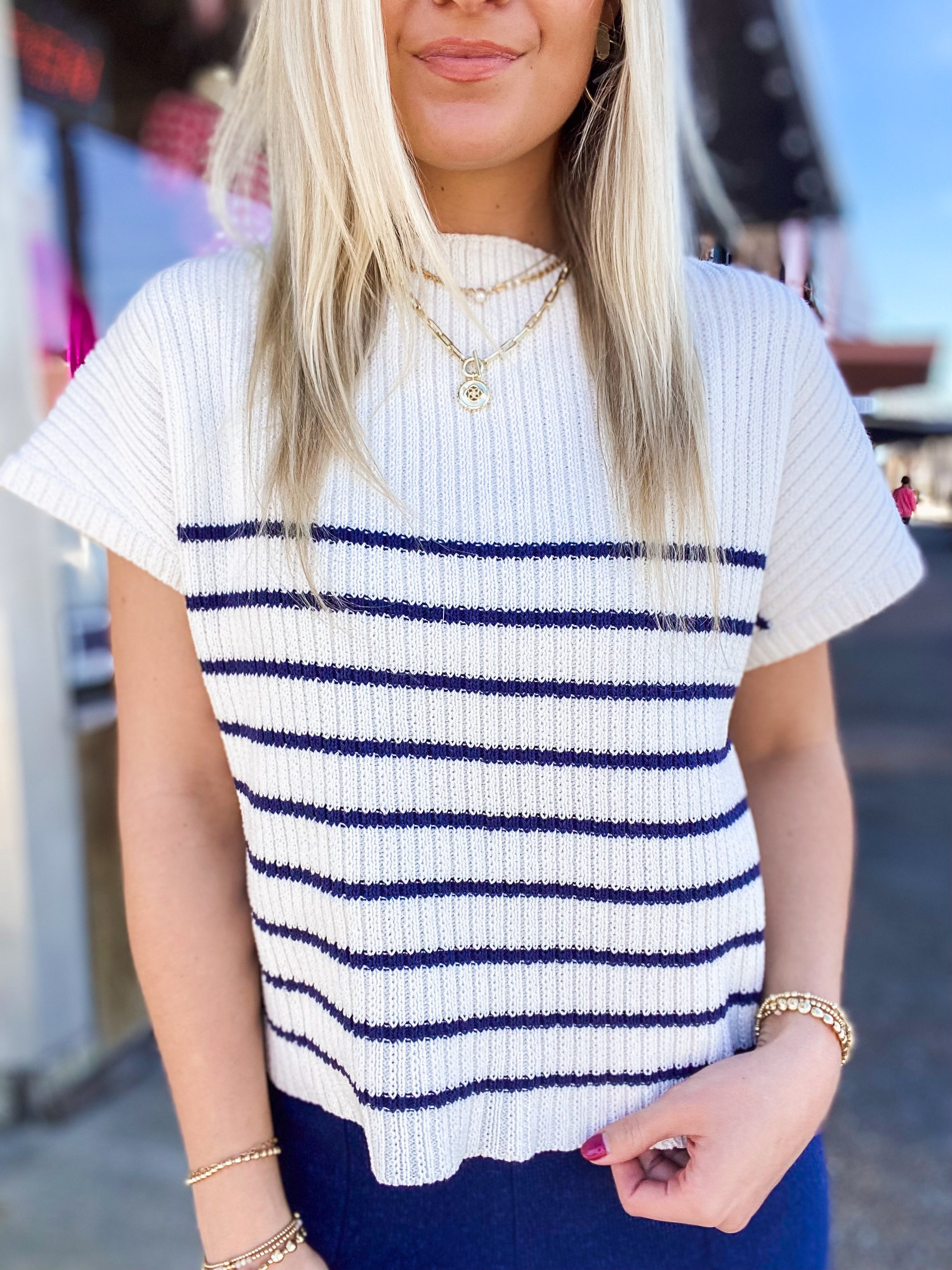 Never Better Navy & White Striped Short Sleeve Sweater